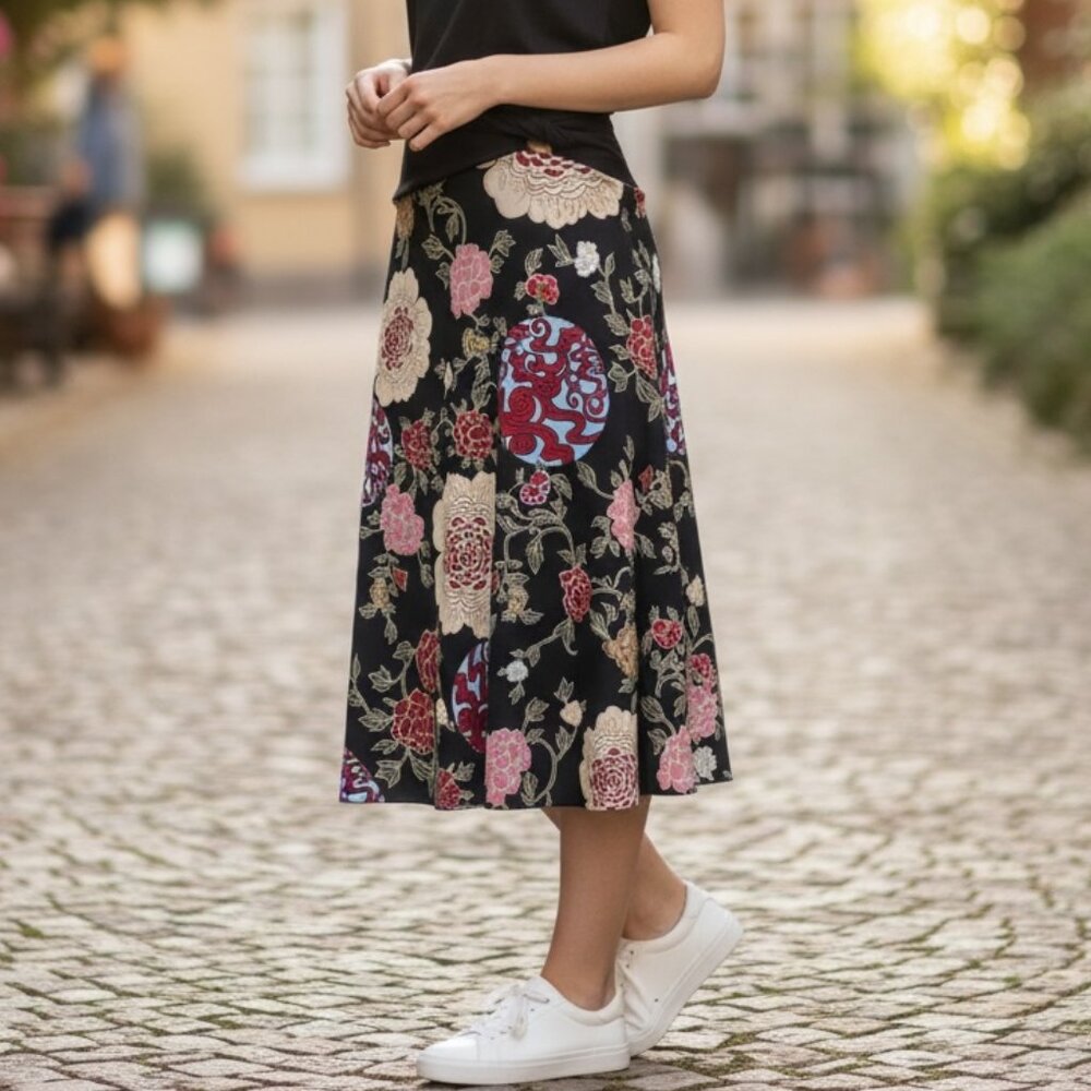 Julie's Closet Black‎ Floral Pull-On Stretch Jersey Midi Skirt M #237P